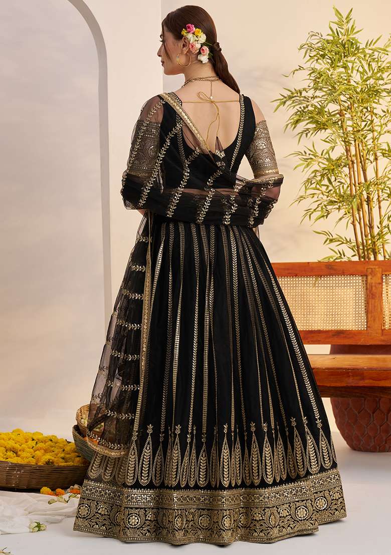 Black Net Lehenga Set with Embroidery for Diwali | Wedding & Festive Wear - Indya