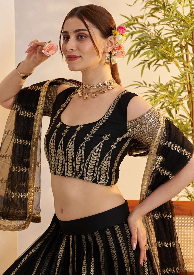Black Net Lehenga Set with Embroidery for Diwali | Wedding & Festive Wear - Indya