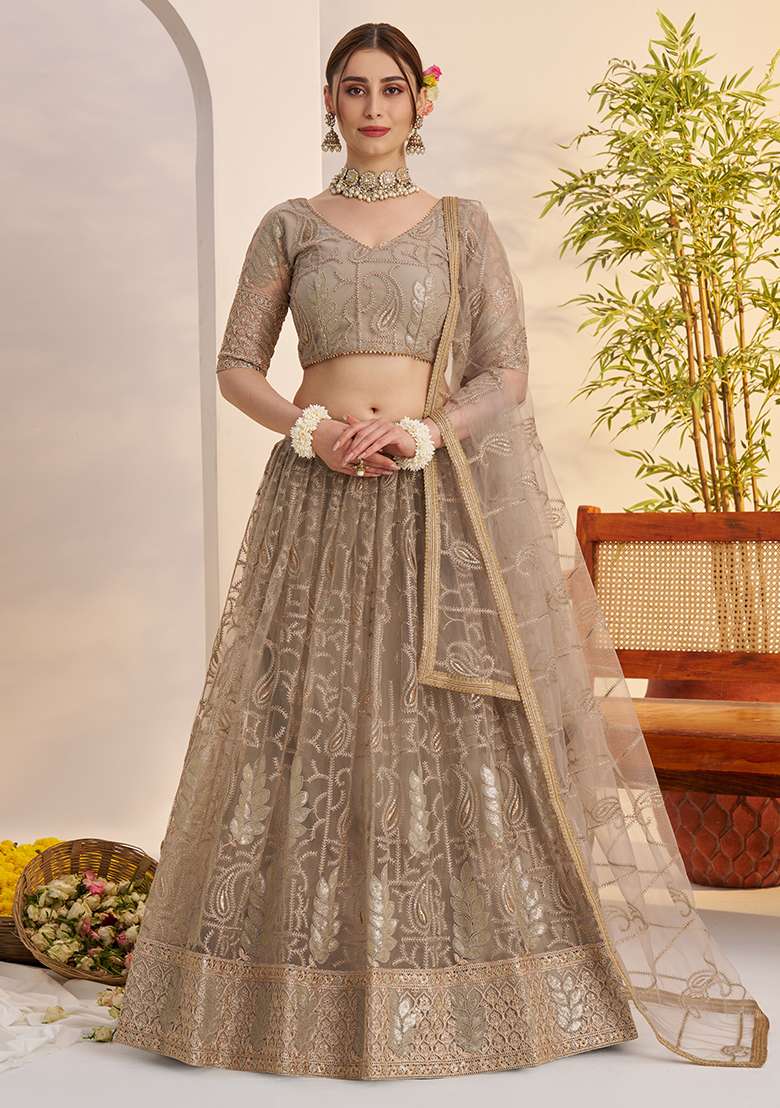 Matellic Grey Net Lehenga Set with Embroidery for Diwali | Wedding & Festive Wear - Indya
