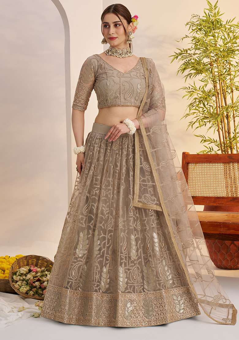 Matellic Grey Net Lehenga Set with Embroidery for Diwali | Wedding & Festive Wear - Indya