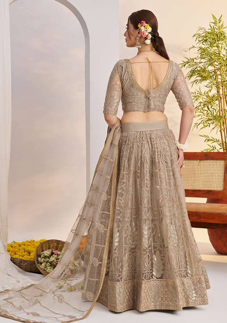Matellic Grey Net Lehenga Set with Embroidery for Diwali | Wedding & Festive Wear - Indya