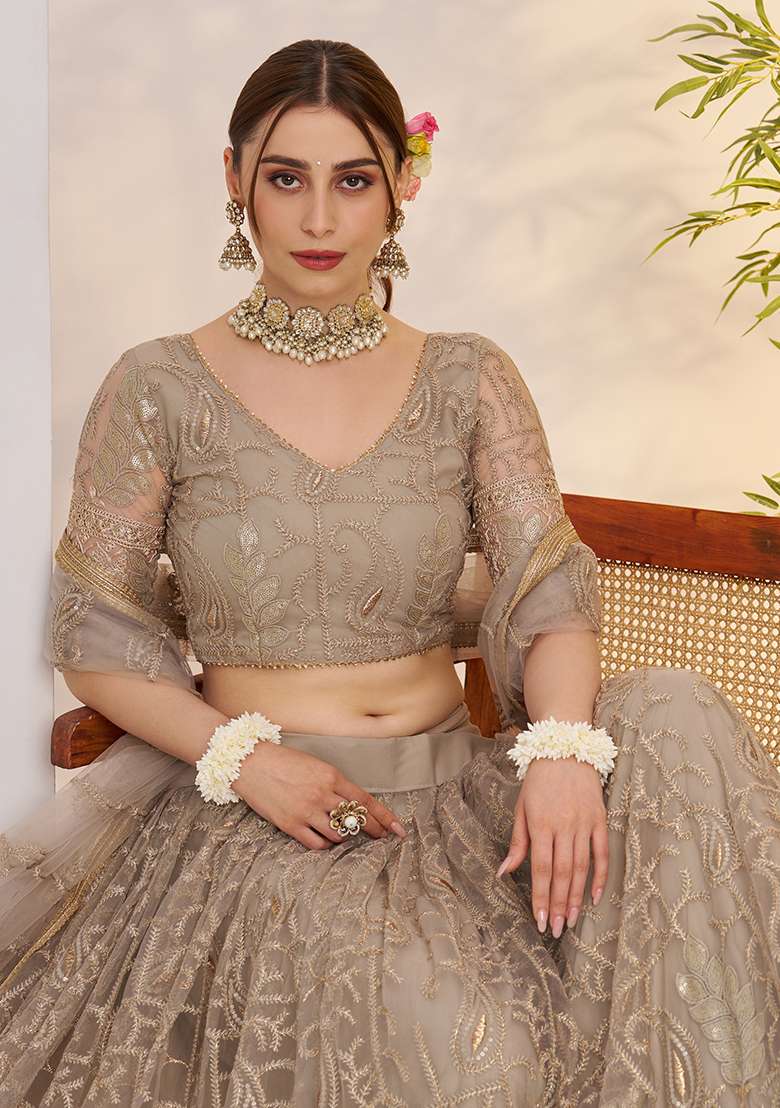 Matellic Grey Net Lehenga Set with Embroidery for Diwali | Wedding & Festive Wear - Indya