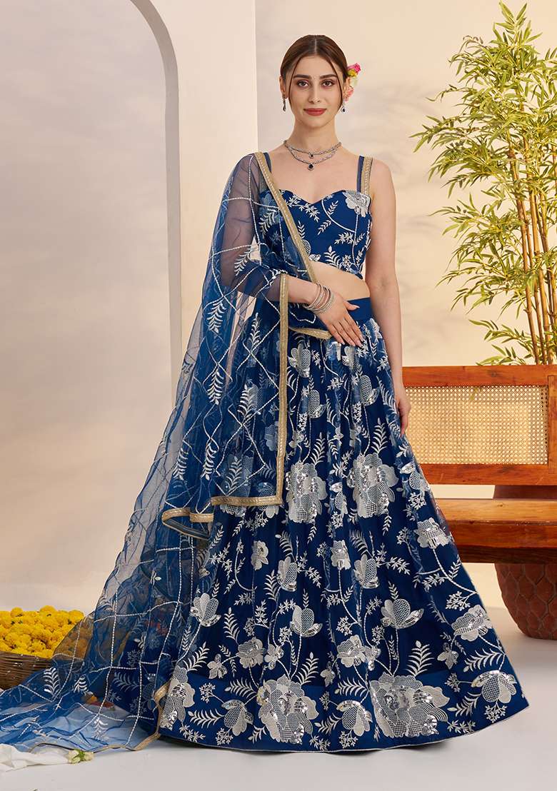Morpeach Blue Embroidery Net Lehenga Set for Diwali and Festive Wear - Indya