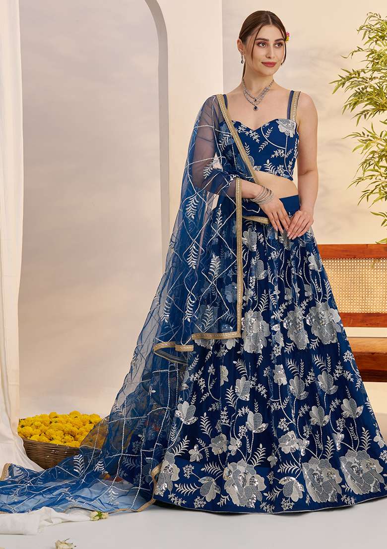 Morpeach Blue Embroidery Net Lehenga Set for Diwali and Festive Wear - Indya