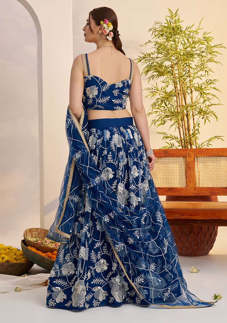Morpeach Blue Embroidery Net Lehenga Set for Diwali and Festive Wear - Indya