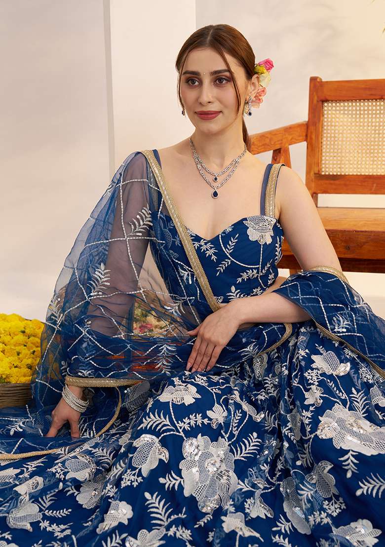 Morpeach Blue Embroidery Net Lehenga Set for Diwali and Festive Wear - Indya