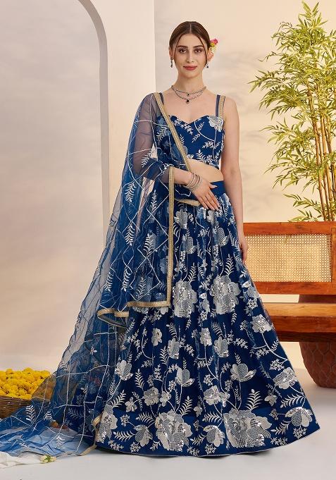 Morpeach Blue Embroidery Net Lehenga Set