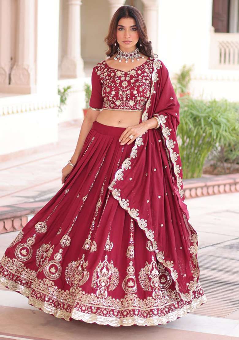 Pink Silk Blend Lehenga Set with Embroidery for Diwali | Wedding & Festive Wear - Indya