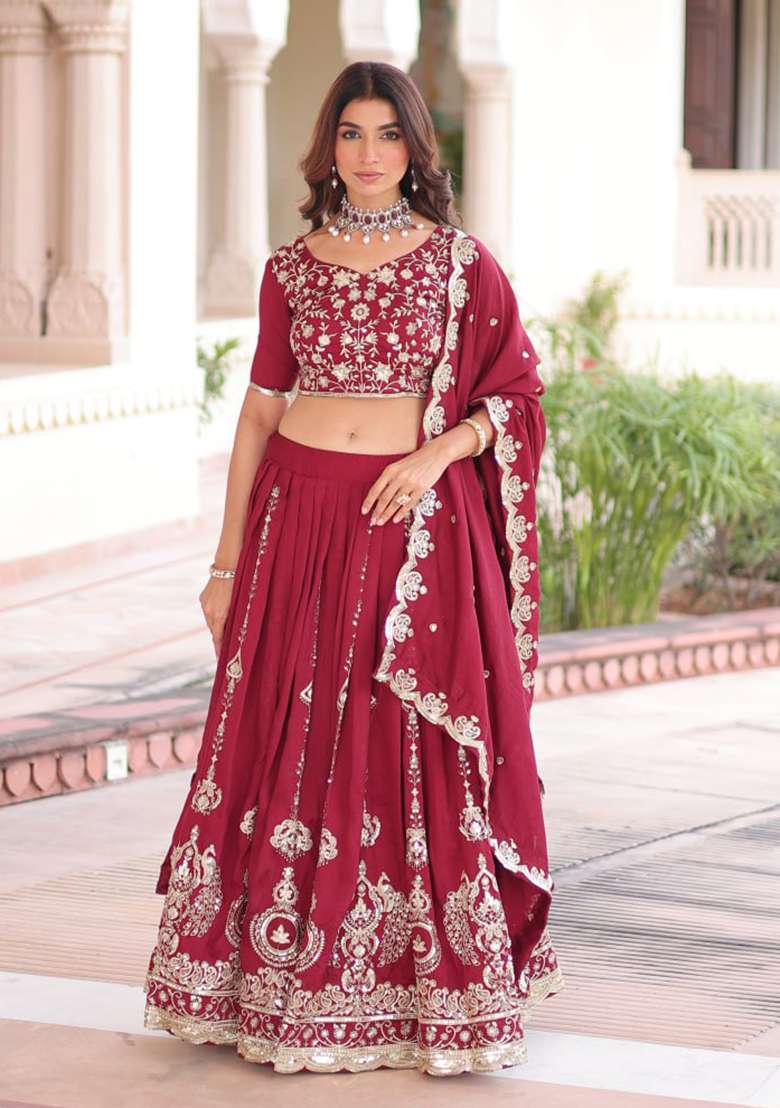 Pink Silk Blend Lehenga Set with Embroidery for Diwali | Wedding & Festive Wear - Indya