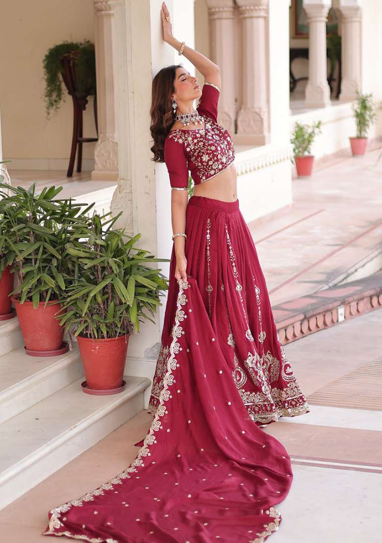 Pink Silk Blend Lehenga Set with Embroidery for Diwali | Wedding & Festive Wear - Indya