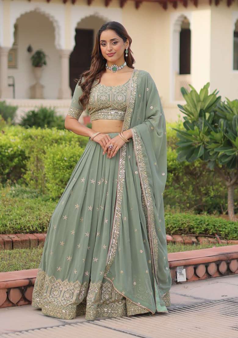 Sea Green Embroidery Georgette Lehenga Set for Diwali and Festive Wear - Indya