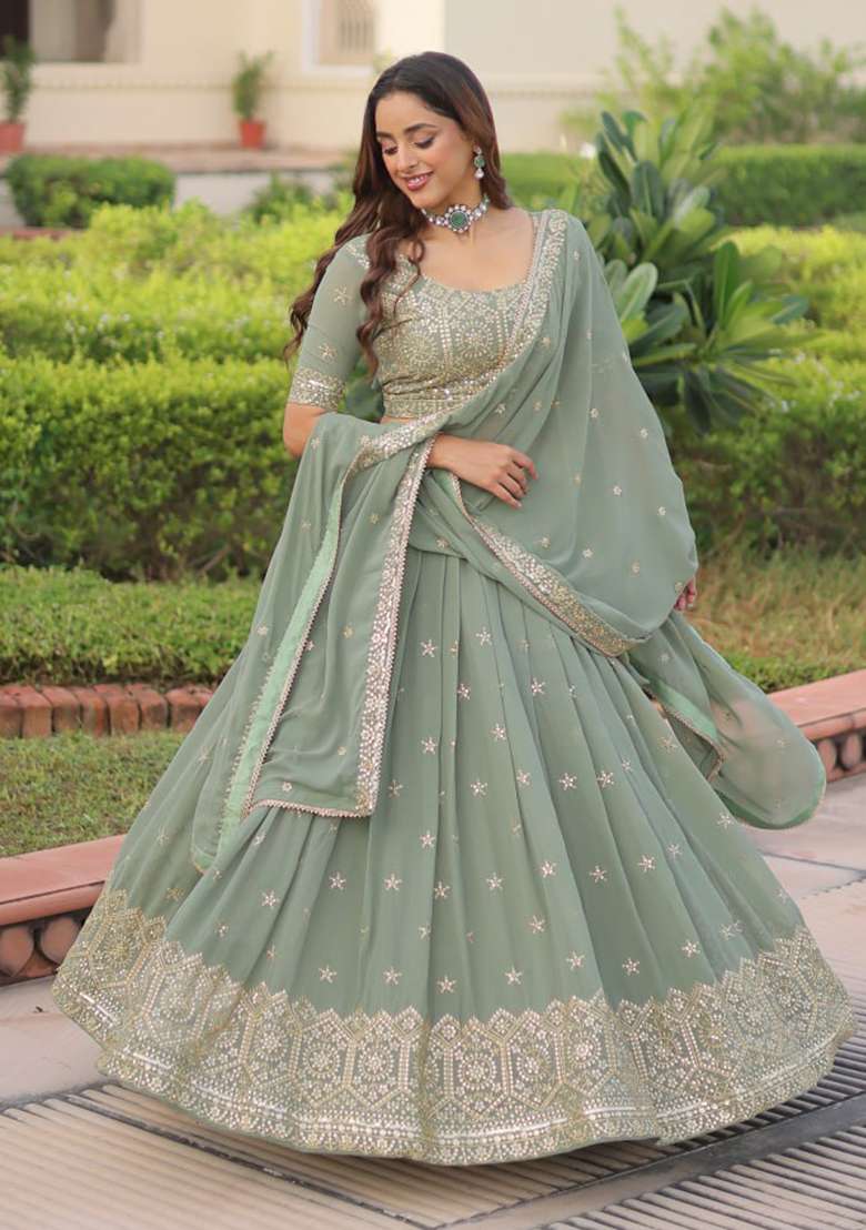 Sea Green Embroidery Georgette Lehenga Set for Diwali and Festive Wear - Indya