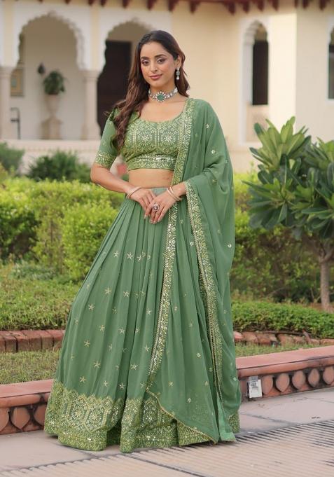 Sea Green Embroidery Georgette Lehenga Set
