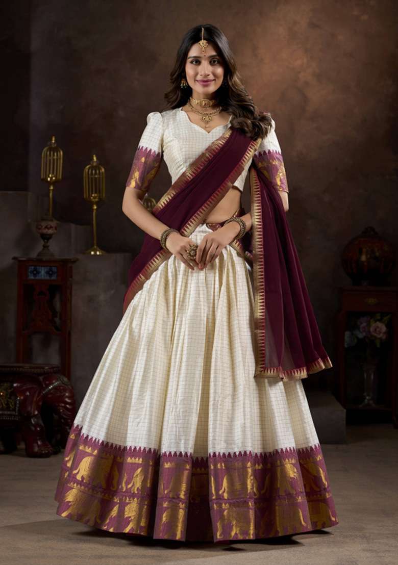 White Zari Work Cotton Lehenga Set - Indya