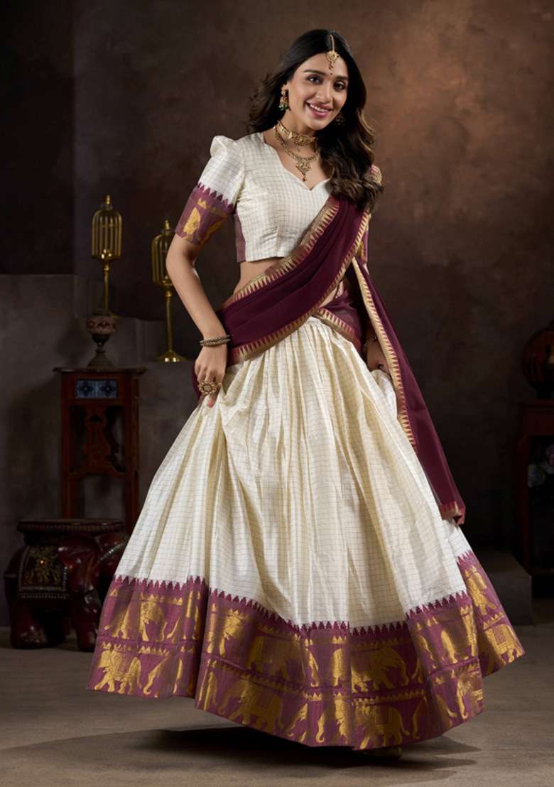 White Zari Work Cotton Lehenga Set - Indya