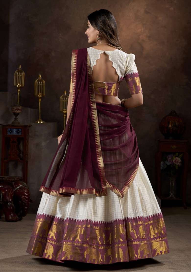 White Zari Work Cotton Lehenga Set - Indya