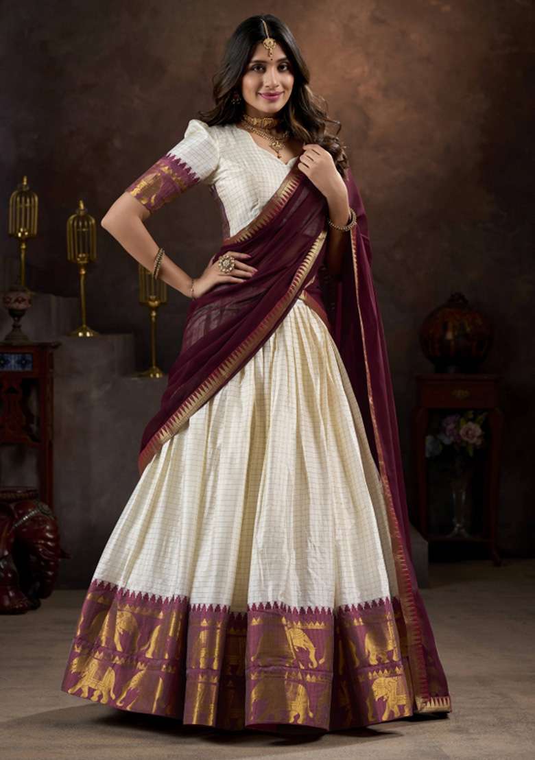 White Zari Work Cotton Lehenga Set - Indya