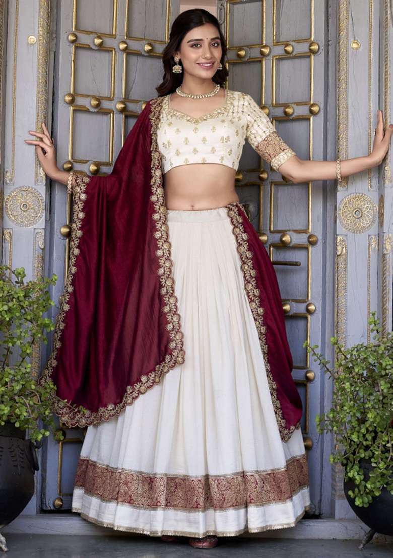 Off White Zari Work Silk Blend Lehenga Set - Indya