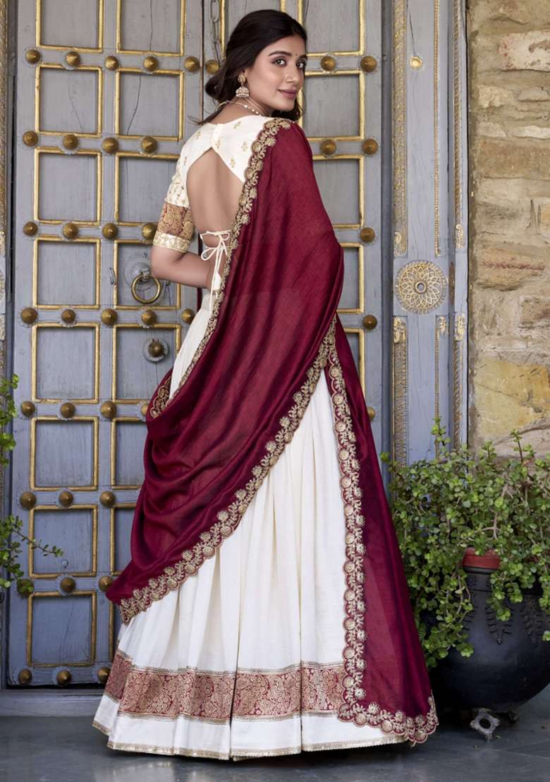 Off White Zari Work Silk Blend Lehenga Set - Indya