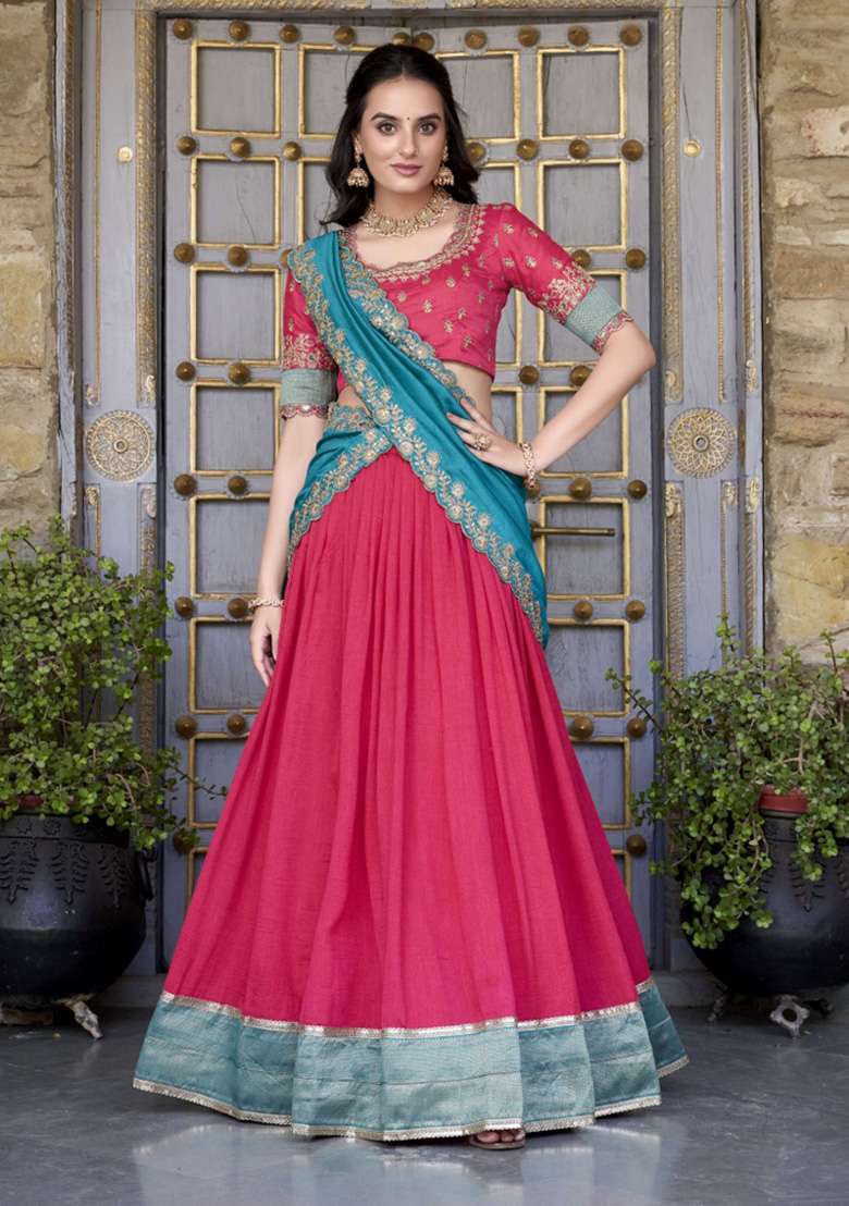 Pink Zari Work Silk Blend Lehenga Set - Indya
