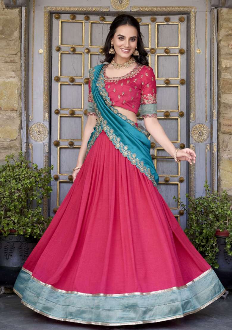 Pink Zari Work Silk Blend Lehenga Set - Indya