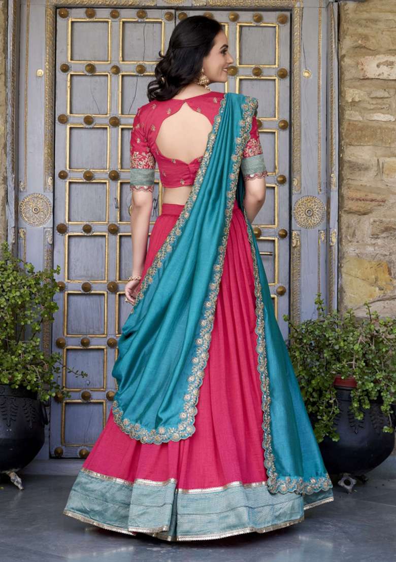 Pink Zari Work Silk Blend Lehenga Set - Indya