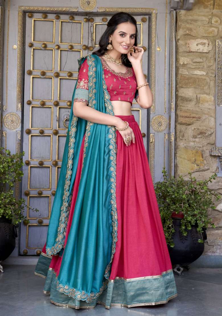 Pink Zari Work Silk Blend Lehenga Set - Indya