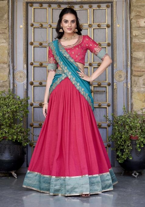 Pink Zari Work Silk Lehenga Set
