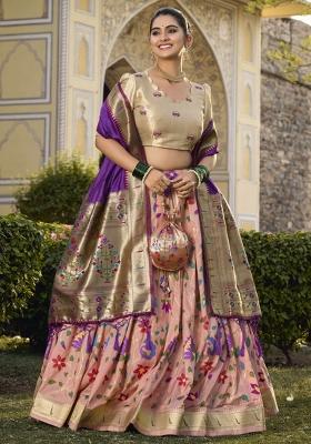 Peach Zari Work Silk Lehenga Set