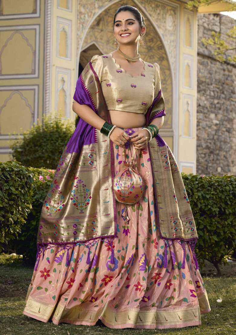Peach Zari Work Silk Lehenga Set - Indya