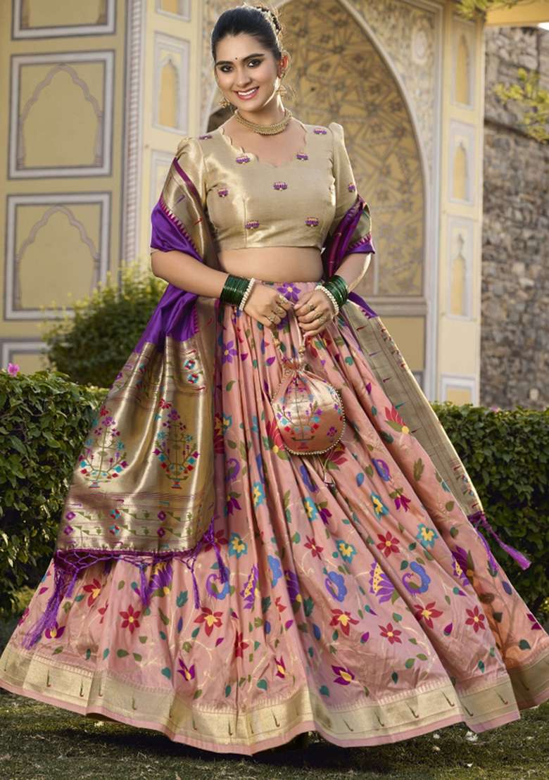 Peach Zari Work Silk Lehenga Set - Indya
