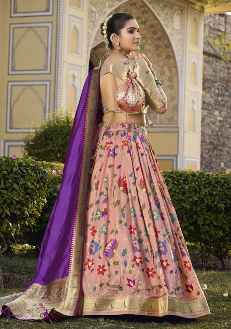 Peach Zari Work Silk Lehenga Set - Indya