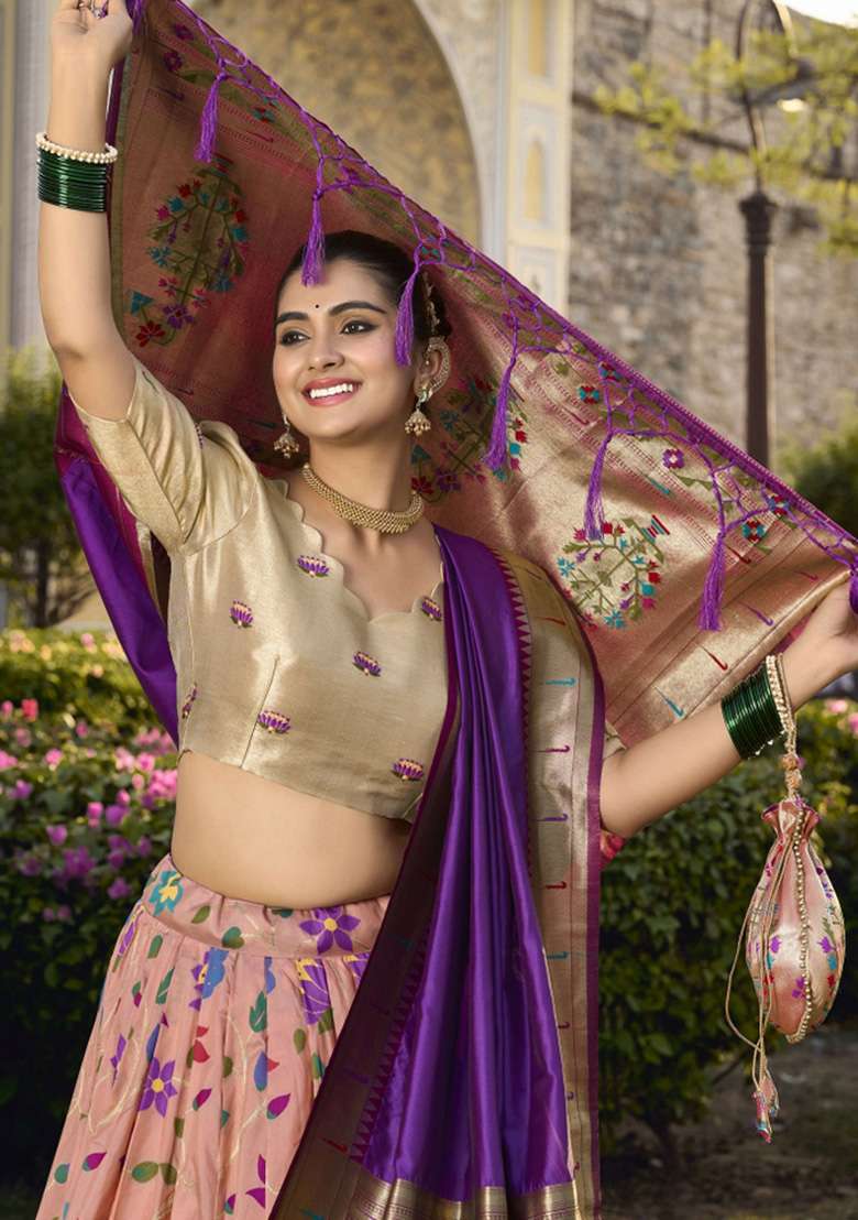 Peach Zari Work Silk Lehenga Set - Indya