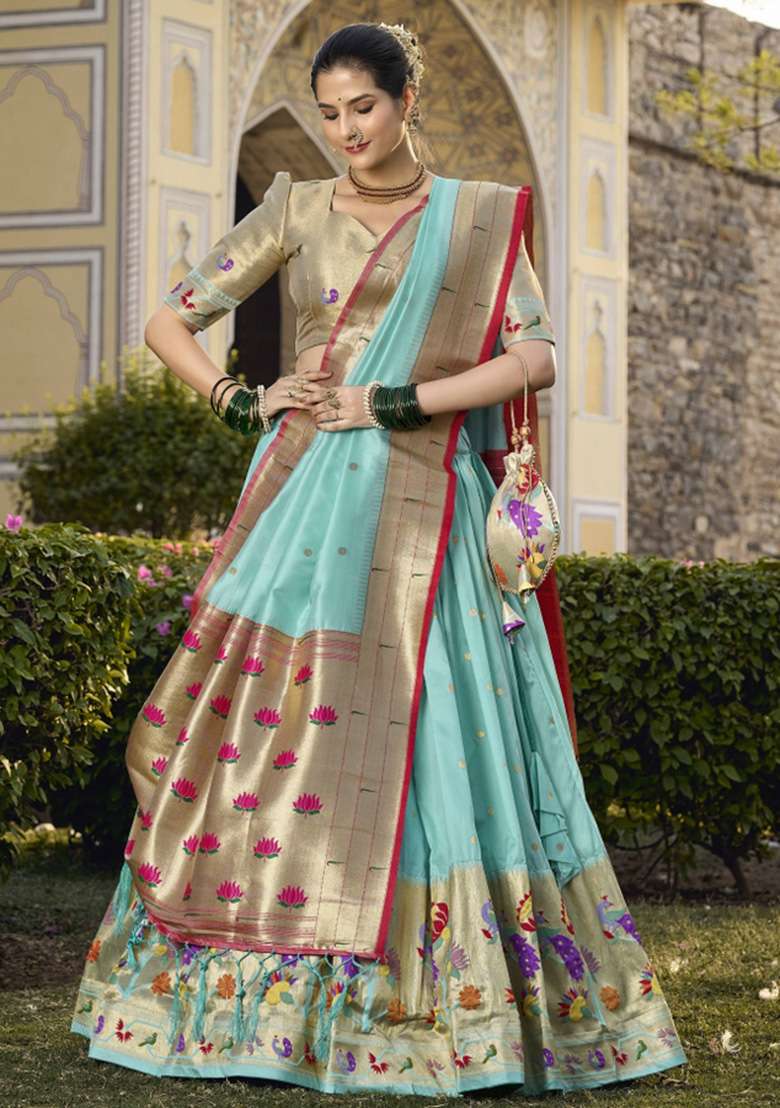 Sky Blue Zari Work Silk Lehenga Set - Indya