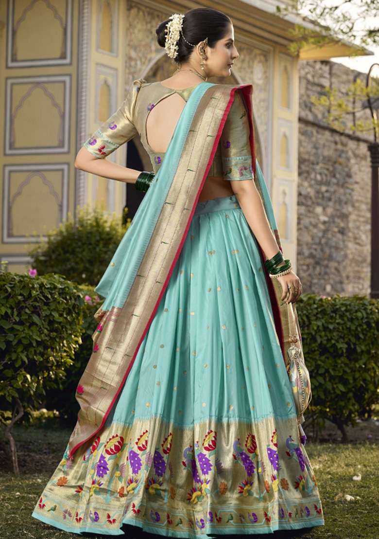 Sky Blue Zari Work Silk Lehenga Set - Indya