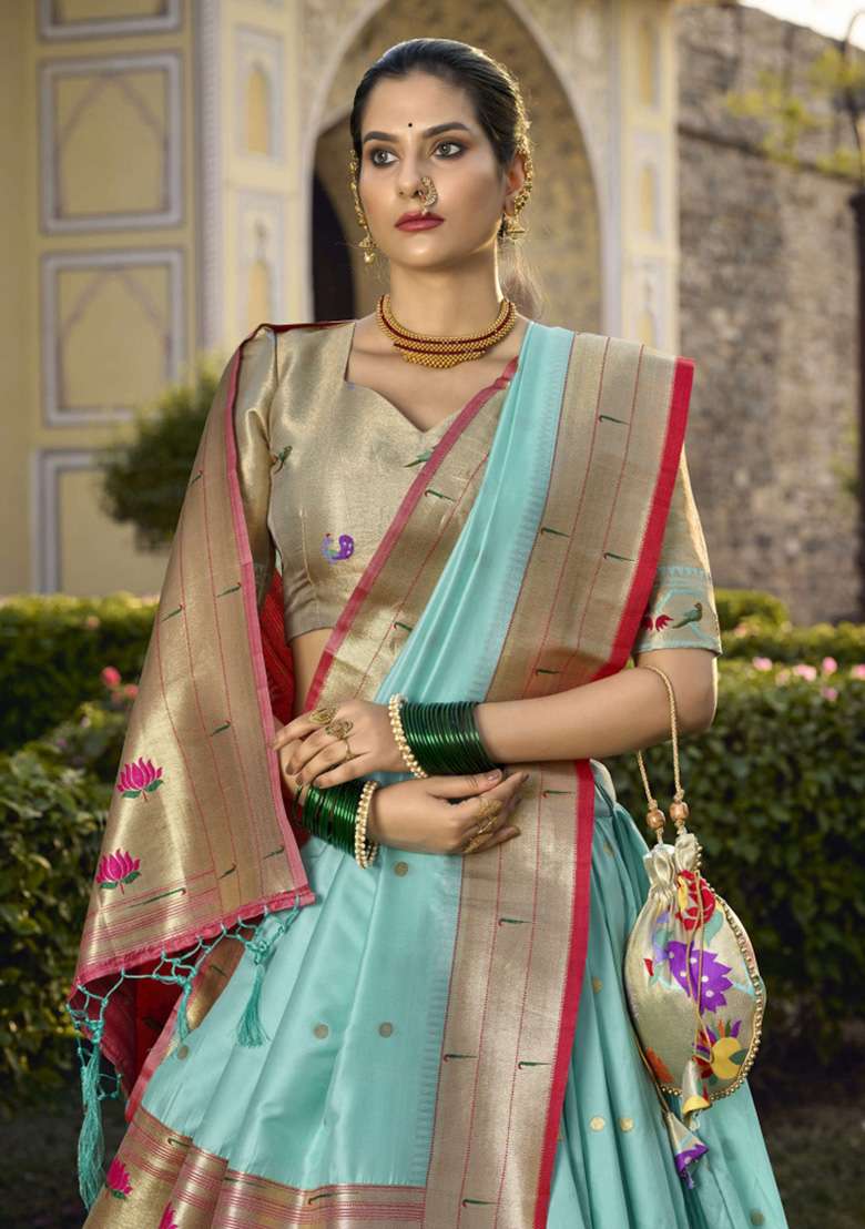 Sky Blue Zari Work Silk Lehenga Set - Indya
