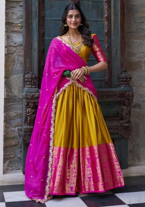 Mustard Yellow Zari Work Blended Lehenga Set