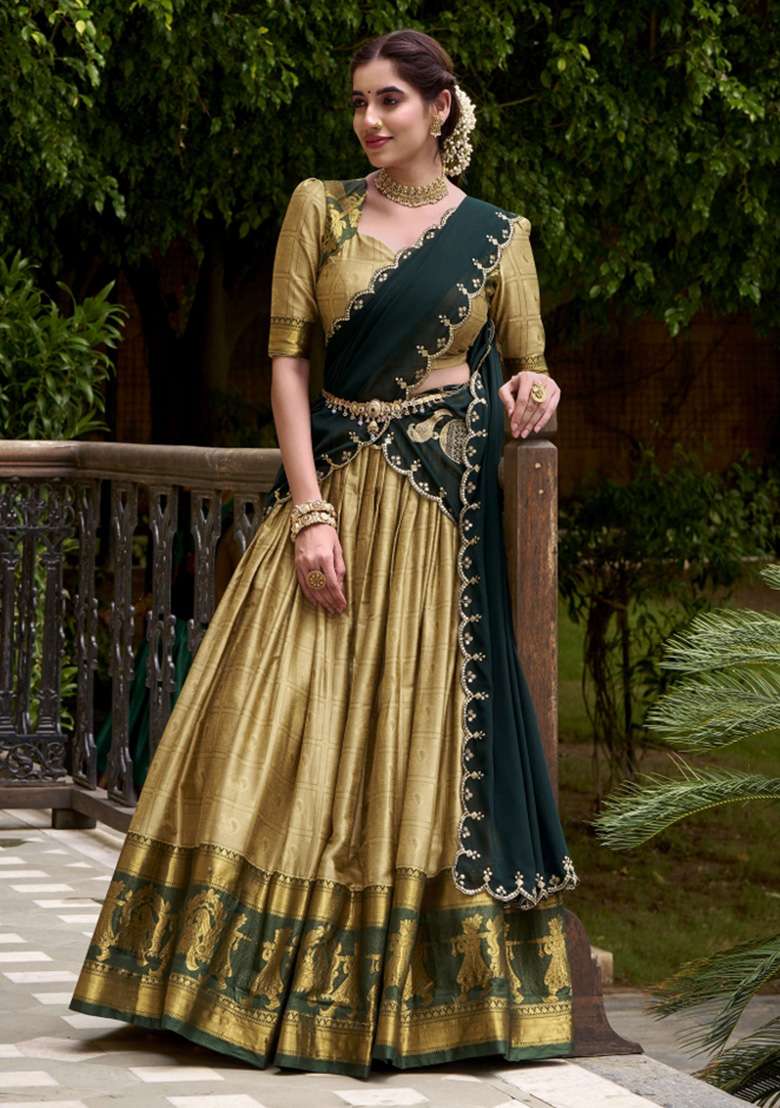 Cream Zari Work Cotton Lehenga Set - Indya