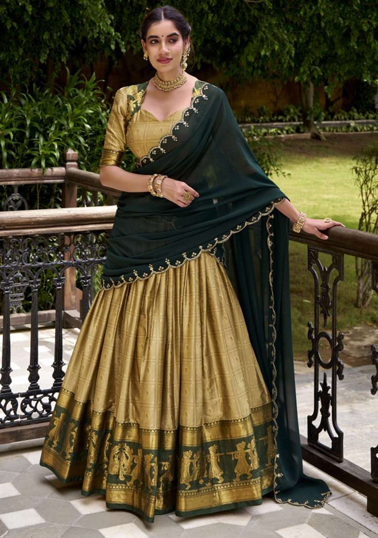 Cream Zari Work Cotton Lehenga Set - Indya