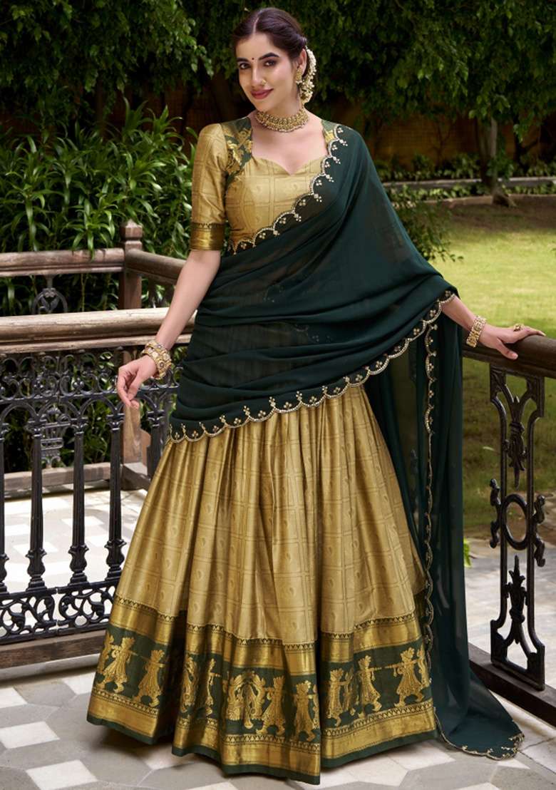 Cream Zari Work Cotton Lehenga Set - Indya