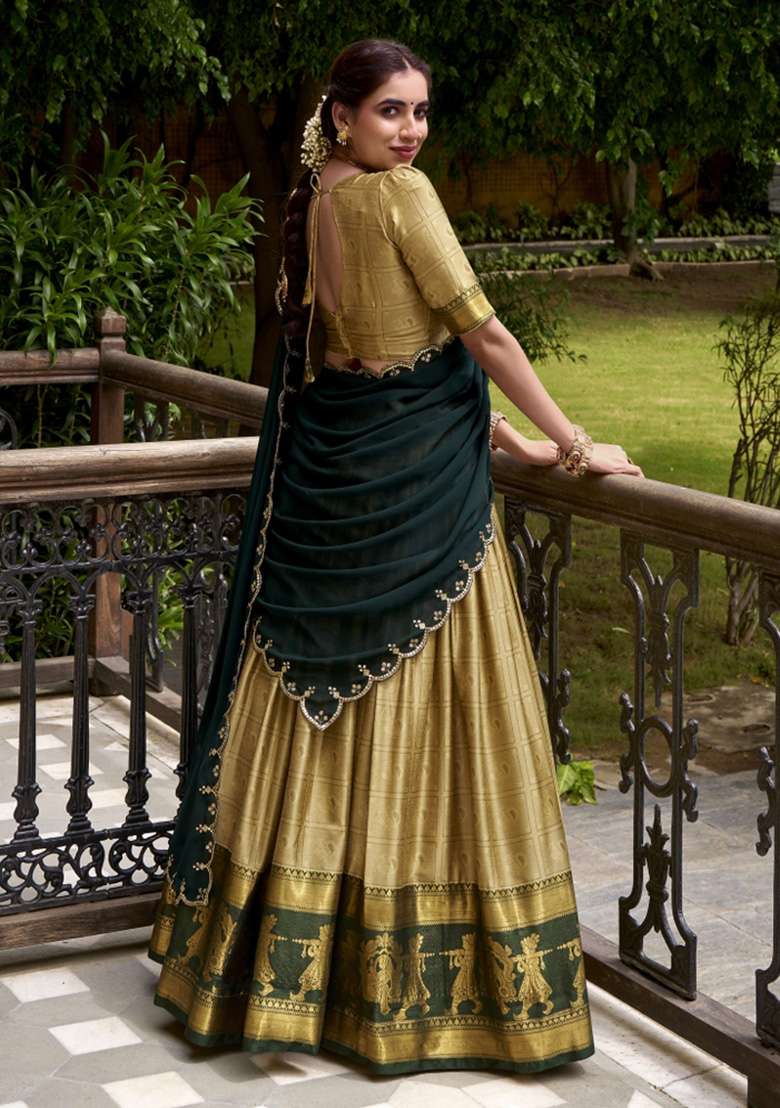 Cream Zari Work Cotton Lehenga Set - Indya