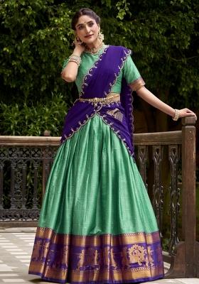 Sea Green Zari Work Cotton Lehenga Set