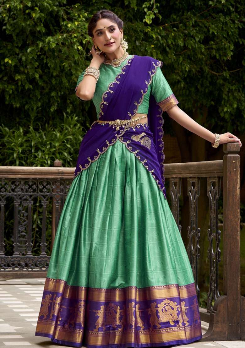 Sea Green Zari Work Cotton Lehenga Set - Indya