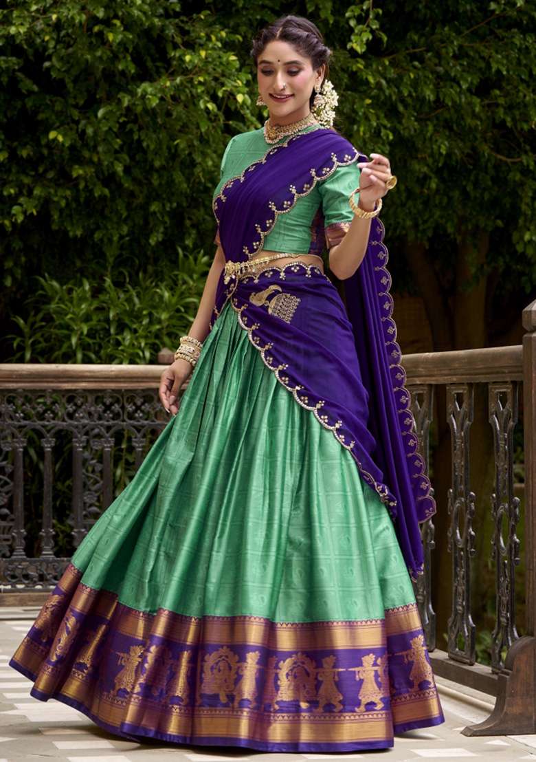 Sea Green Zari Work Cotton Lehenga Set - Indya