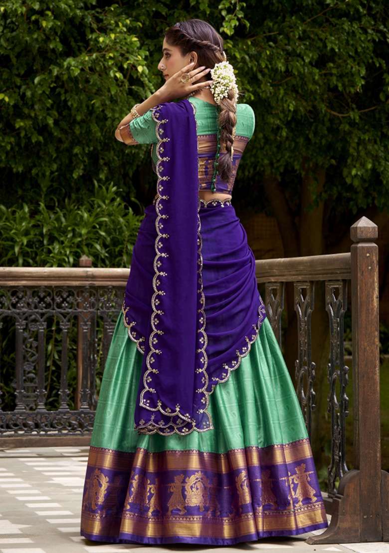 Sea Green Zari Work Cotton Lehenga Set - Indya