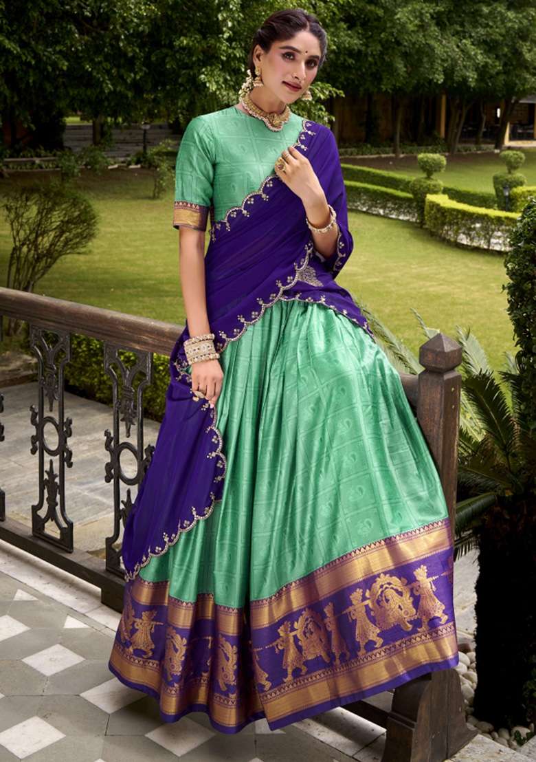 Sea Green Zari Work Cotton Lehenga Set - Indya