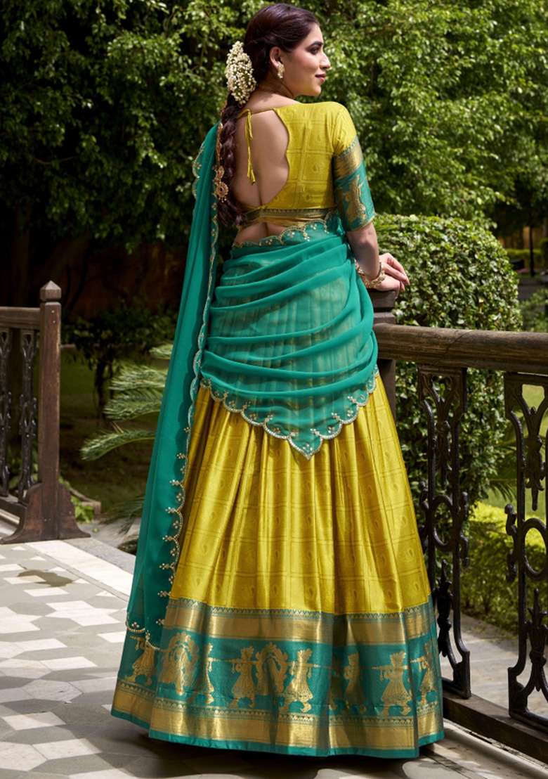 Yellow Zari Work Cotton Lehenga Set - Indya
