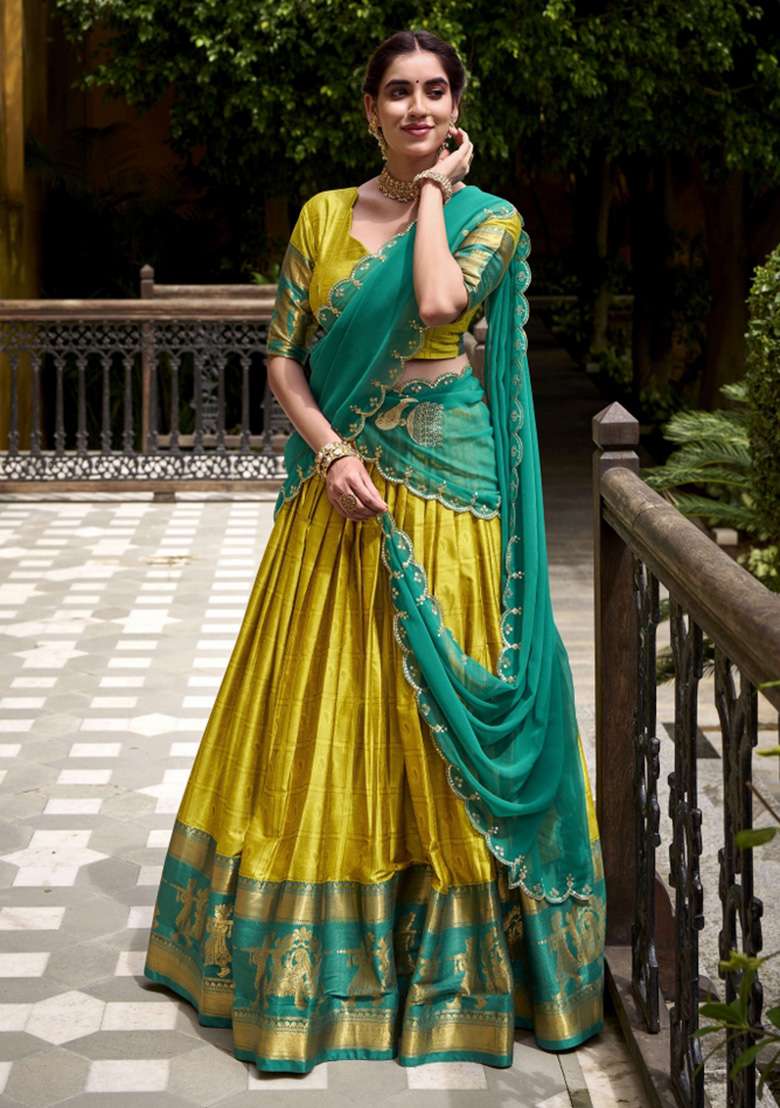 Yellow Zari Work Cotton Lehenga Set - Indya