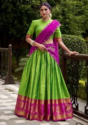 Parrot Green Zari Work Cotton Lehenga Set