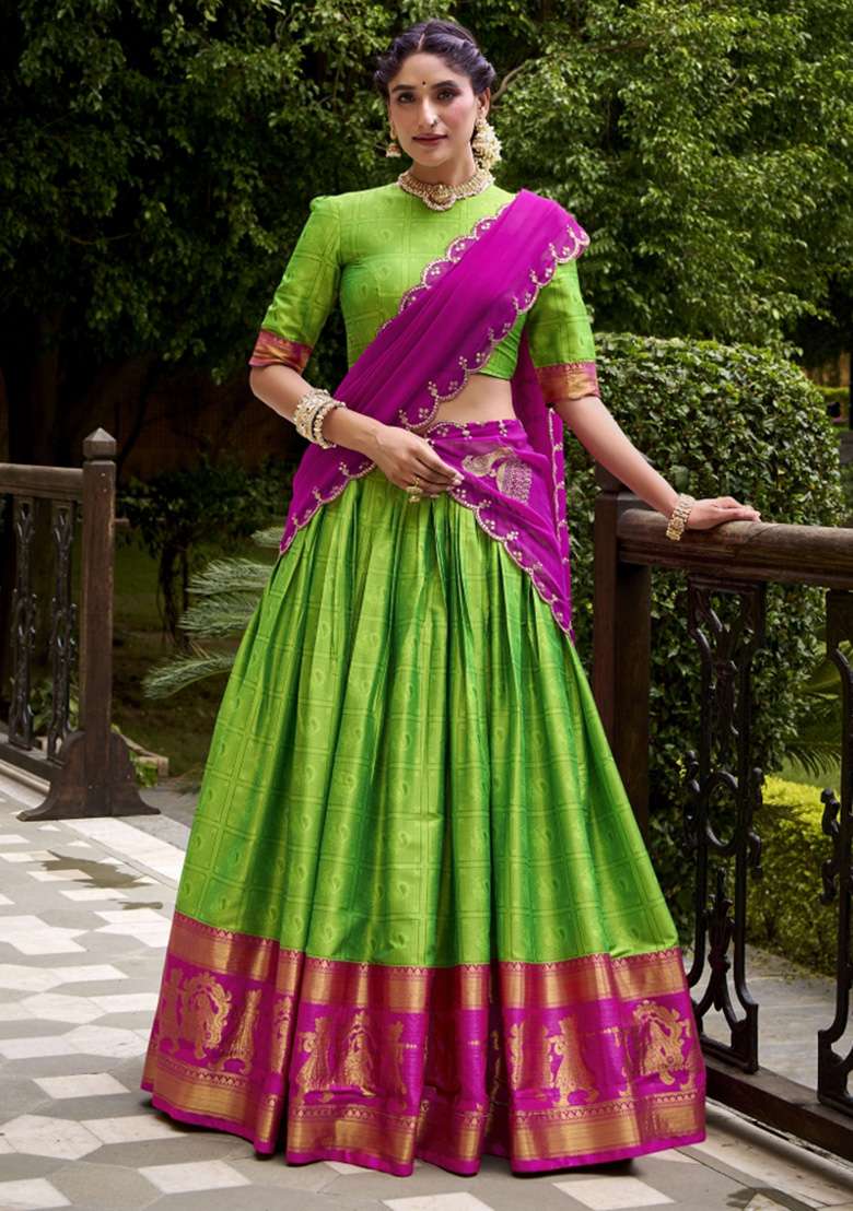 Parrot Green Zari Work Cotton Lehenga Set - Indya